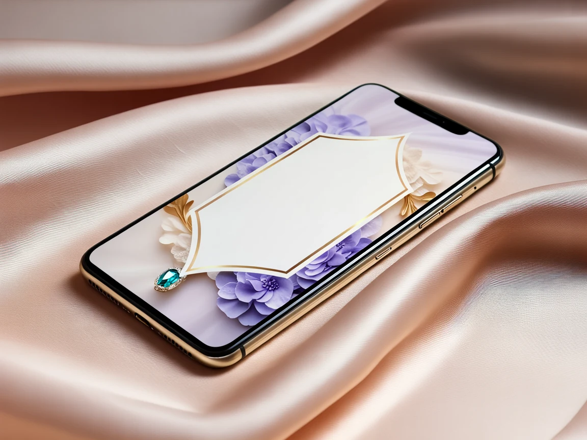 Celular com layout abstrato de convite virtual de quinze anos em cetim perolado e flores lavanda