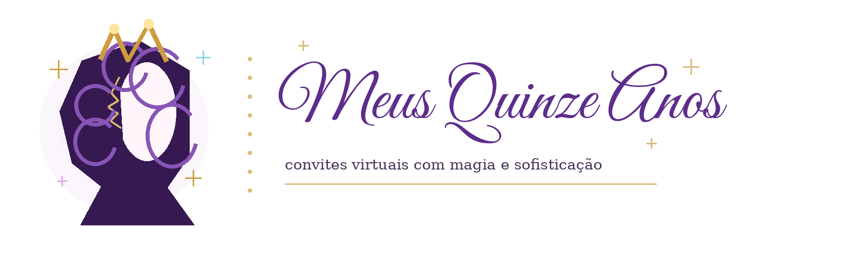 Logo Meus Quinze Anos com silhueta do rosto de princesa, brilho e tipografia cursiva legível
