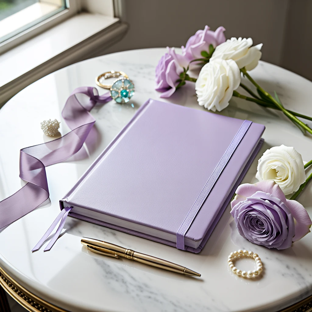 Planner lavanda em mesa de mármore com flores, pérolas e caneta dourada para planejamento de festa de quinze anos